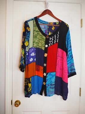 Womens L XL Patchwork Tunic Jacket Art To Wear Lagenlook Boho Mismatched Buttons